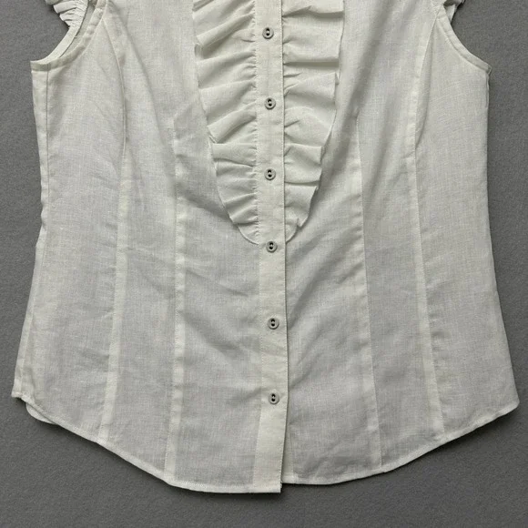 David Brooks Blouse Womens Med White 100% Linen Ruffle Flutter Sleeve Button Up - Picture 11 of 12